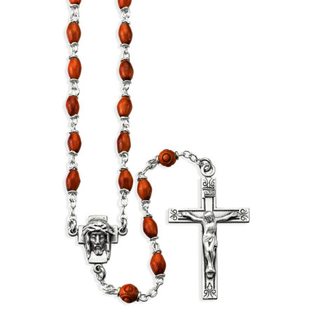 Brown Oval Cocoa Bead Rosary Sterling Crucifix and Centerpiece