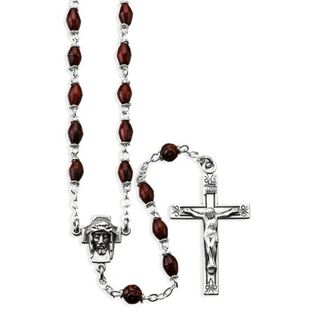 Maroon Oval Cocoa Bead Confirmation Rosary Sterling Crucifix and Centerpiece