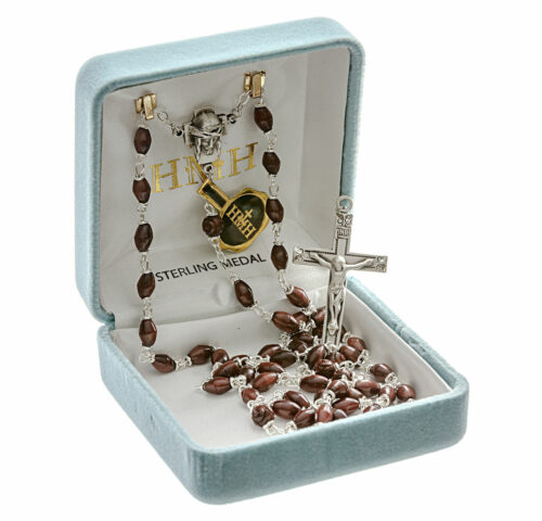 Maroon Oval Cocoa Bead Confirmation Rosary Sterling Crucifix and Centerpiece - Image 3