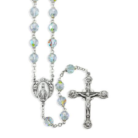Sterling Silver Czech Rosary 7mm Tin Cut Crystal with Angel Miraculous Medal Center and Angel tipped Crucifix