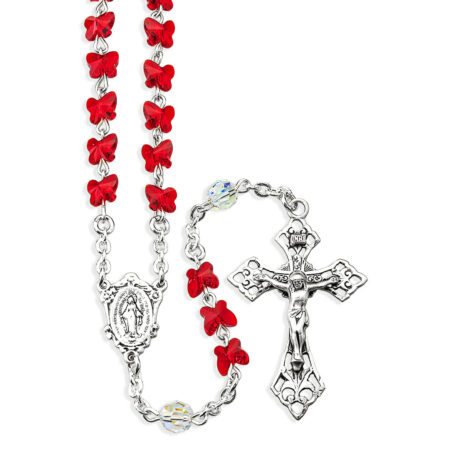 6mm Ruby Finest Crystal Butterfly Beads with Sterling Crucifix and Center