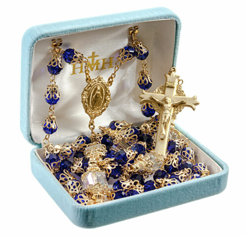 8mm Cobalt Blue Faceted Glass Bead Rosary with 12mm  Double Capped O.F. Beads a Solid Brass Crucifix and Center - Image 2