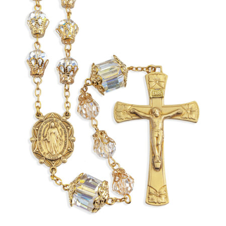 8mm Crystal Faceted Glass Bead Rosary with 12mm  Double Capped O.F. Beads a Solid Brass Crucifix and Center