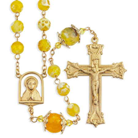 8mm Yellow and White Onyx Gemstone Bead Rosary with Double Capped O.F. Beads a Solid Brass Crucifix and Center