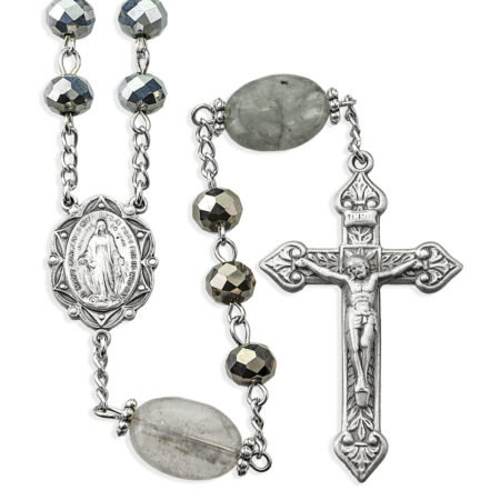 8mm Silver Vitriol Glass Beads with 20x12mm Oblong Smoke Glass O.F. Beads, Pewter Crucifix and Center