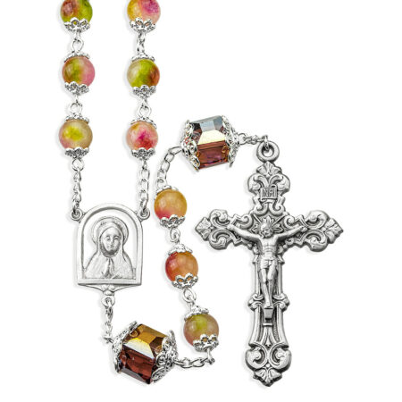 8mm Multi Color Double Capped Rose Glass Bead Rosary with 10mm O.F. Cubes. Pewter Crucifix and Center
