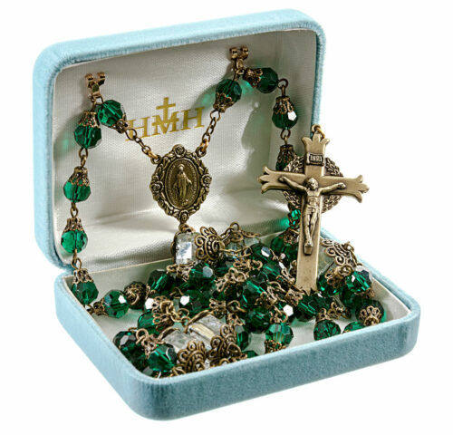 8mm Emerald Green Faceted Glass Beads with Antique Brass Bend Caps Crucifix and Centerpiece - Image 2