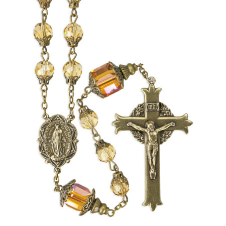 8mm Faceted Light Topaz Glass Bead Rosary with antique Brass Caps Crucifix and Centerpiece