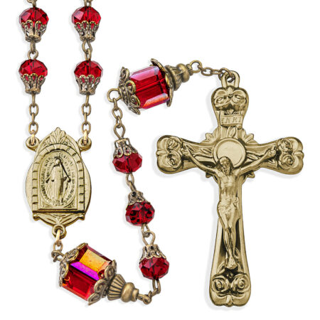 8mm Ruby Glass Faceted Capped Beads with 10mm O.F. Cube Beads with Antique Brass Crucifix and Center