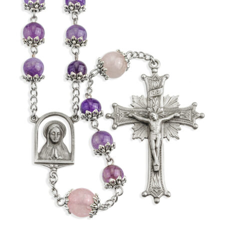 8mm Light Amethyst Gemstone Bead Rosary with Genuine Pewter Crucifix and Centerpiece