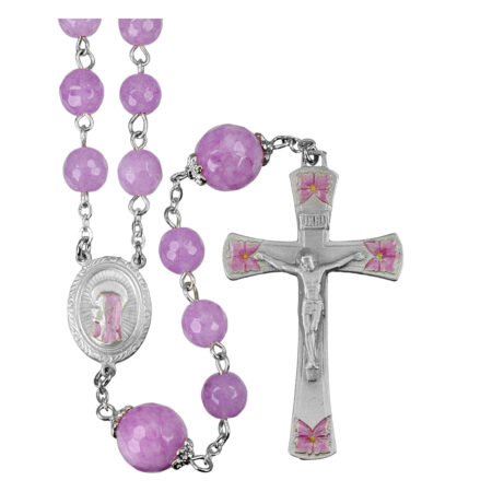 8mm Pink Jade Gemstone Bead Rosary made with Genuine Pewter Crucifix and Centerpiece