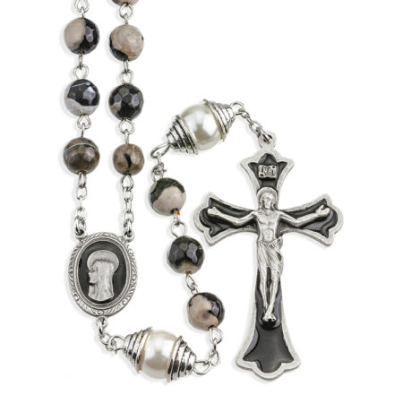 8mm Black and Grey Onyx Gemstone Rosary with Black Epoxy Genuine Pewter Crucifix and Center