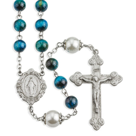 8mm Turquoise Dyed Tigereye Gemstone and Bead Rosary made with Genuine Pewter Crucifix and Centerpiece