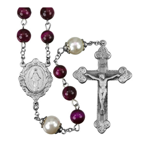 8mm Fuchsia Dyed Tiger Eye Gemstone Bead Rosary made with Genuine Pewter Crucifix and Centerpiece - Image 2