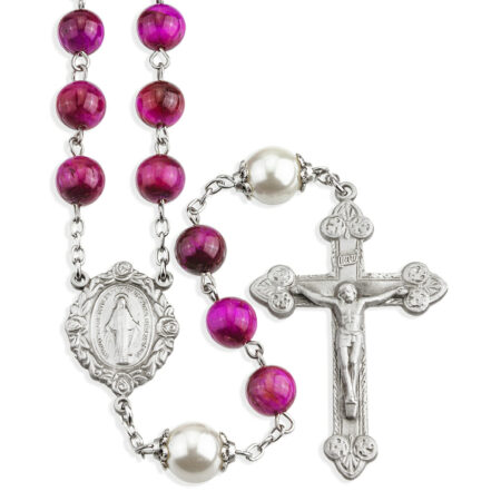 8mm Fuchsia Dyed Tiger Eye Gemstone Bead Rosary made with Genuine Pewter Crucifix and Centerpiece