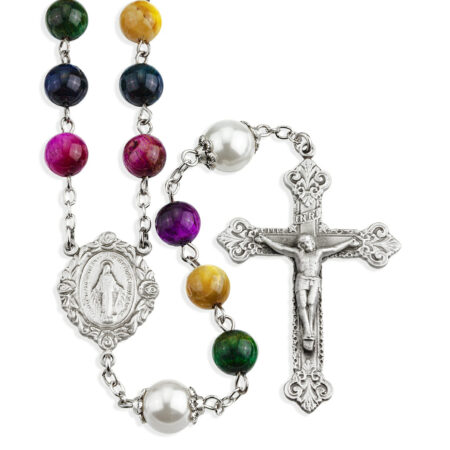 8mm Multi-Colored Dyed Tiger Eye Gemstone Bead Rosary made with Genuine Pewter Crucifix and Centerpiece