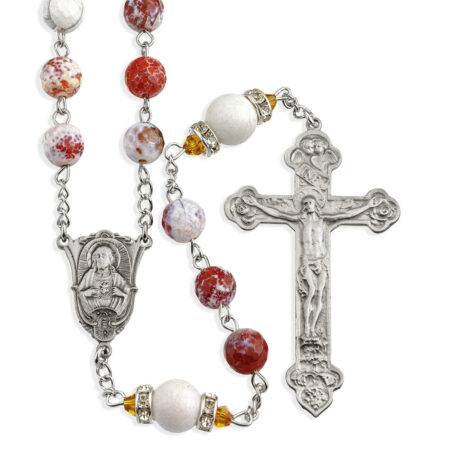 White and Rust Onyx Gemstone 8mm Bead Rosary with Genuine Pewter Crucifix and Centerpiece