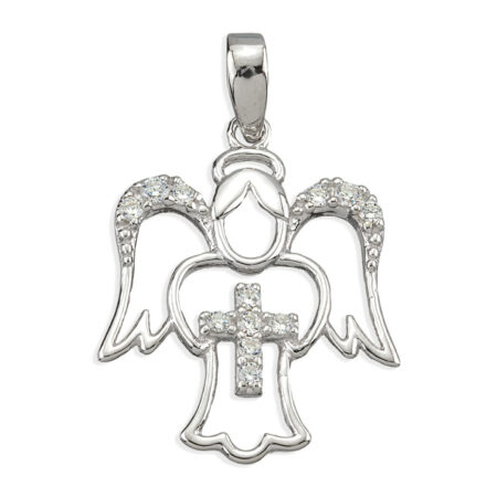 Sterling Silver Guardian Angel Pendant with Cross & CZ Accents