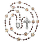 7 x 9mm Brown Oval Wood Beads Rosary With Silver Oxidized Crucifix. 14 Color Epoxied Station Medals. LGTH 26"
