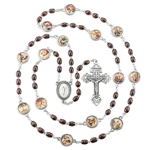 7 x 9mm Brown Oval Wood Beads Rosary With Silver Oxidized Crucifix. 14 Color Epoxied Station Medals. LGTH 26"