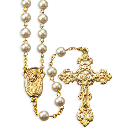 8mm White Faux Pearlized Round Glass Bead Rosary