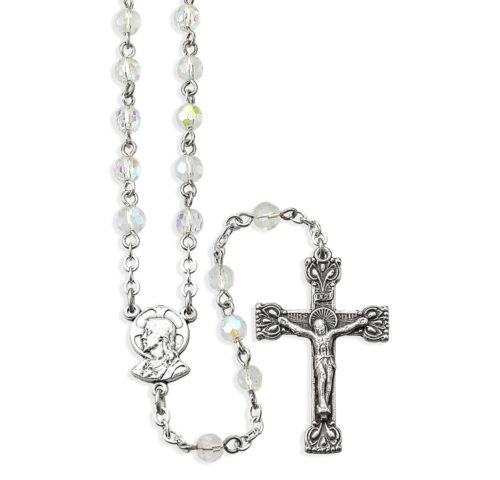 5mm Clear Crystal Bead Rosary in a Grey Velvet Box