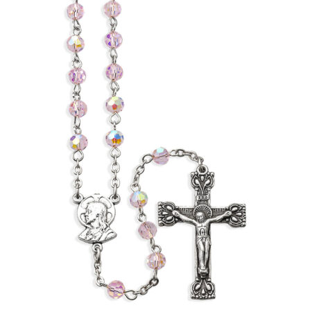 5mm Pink Crystal Bead Rosary in a Grey Velvet Box
