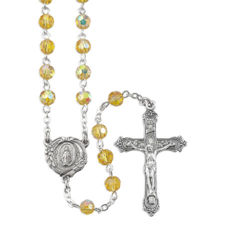 Topaz Crystal Aurora Borealis Bead Rosary with a Deluxe Center and Cross Boxed
