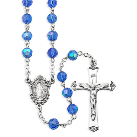 7mm Sapphire Tin Cut Multi-Faceted Round Crystal with Aurora Borealis Bead Rosary
