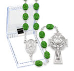8mm Flat Glass Shamrock Bead Rosary with St. Patrick Center and Celtic Crucifix, Boxed LGTH 25 3/4"