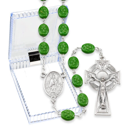 8mm Flat Glass Shamrock Bead Rosary with St. Patrick Center and Celtic Crucifix, Boxed LGTH 25 3/4"