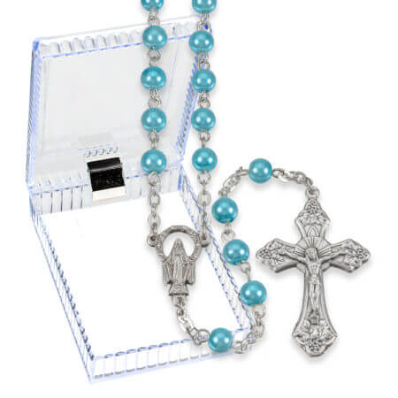 Blue Pearlized Bead Rosary in a Plastic Hinged Box 19 1/2" Quantity of 10