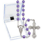 6mm Light Amethyst Pearlized Glass Bead Rosary with Detailed Center and Fancy Crucifix in a Deluxe Box Quantity of 10