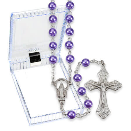 6mm Light Amethyst Pearlized Glass Bead Rosary with Detailed Center and Fancy Crucifix in a Deluxe Box Quantity of 10