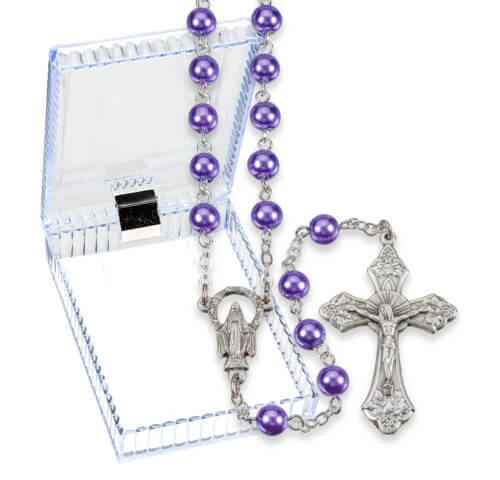 6mm Light Amethyst Pearlized Glass Bead Rosary with Detailed Center and Fancy Crucifix in a Deluxe Box Quantity of 10