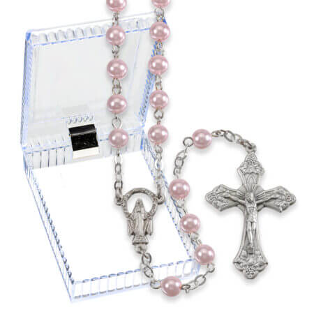 6mm Pink Pearlized Glass Bead Rosary with Detailed Center and Fancy Crucifix. Boxed Quantity of 10