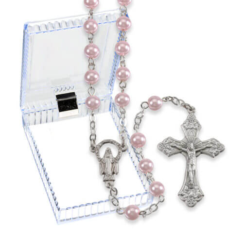 6mm Pink Pearlized Glass Bead Rosary with Detailed Center and Fancy Crucifix. Boxed Quantity of 10
