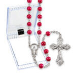 6mm Ruby Pearlized Glass Bead Rosary with Detailed Center and Fancy Crucifix. Boxed Quantity of 10