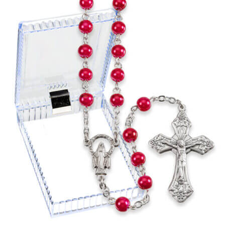 6mm Ruby Pearlized Glass Bead Rosary with Detailed Center and Fancy Crucifix. Boxed Quantity of 10