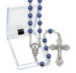 6mm Sapphire Pearlized Glass Bead Rosary with Detailed Center and Fancy Crucifix. Boxed Quantity of 10