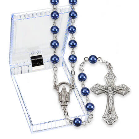 6mm Sapphire Pearlized Glass Bead Rosary with Detailed Center and Fancy Crucifix. Boxed Quantity of 10