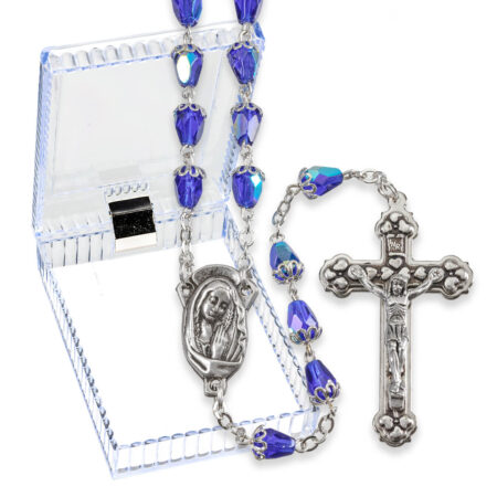 Blue Crystal Capped Bead Rosary in a Plastic Hinged Box 22"