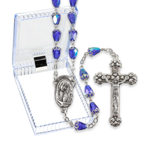 Blue Crystal Capped Bead Rosary in a Plastic Hinged Box 22"