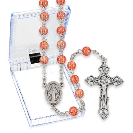 6mm Coral Round Glass Bead Lock Link Rosary in a Plastic Hinged Box 19 1/4"