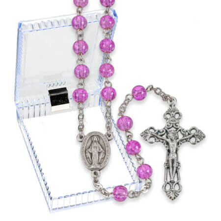 6mm Fuchsia Round Glass Bead Lock Link Rosary in a Plastic Hinged Box 19 1/2"