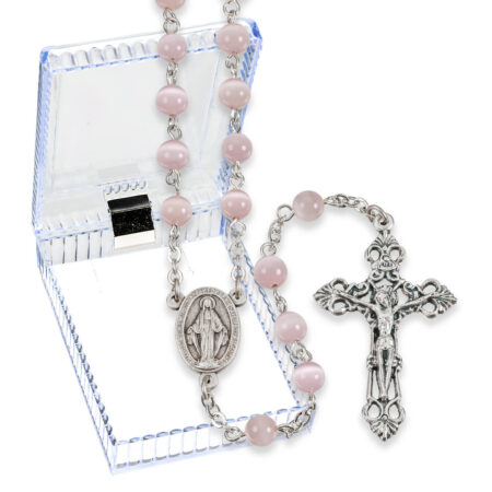 6mm Pink Round Glass Bead Lock Link Boxed Rosary