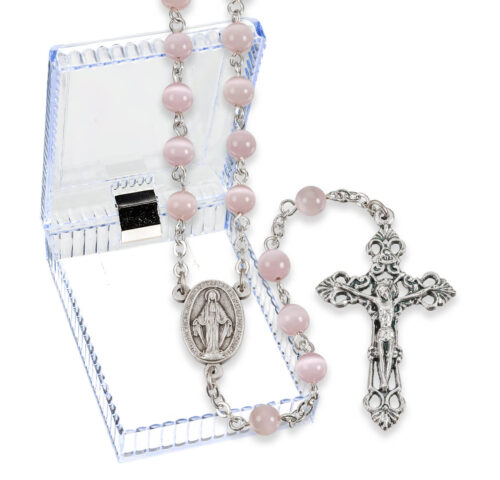 6mm Pink Round Glass Bead Lock Link Boxed Rosary