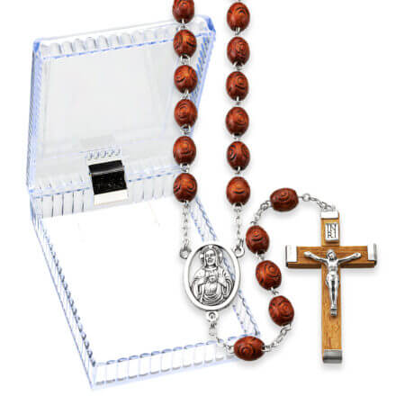Brown Wood Carved Bead Rosary in a Plastic Hinged Box 21 1/2" Quantity of 10