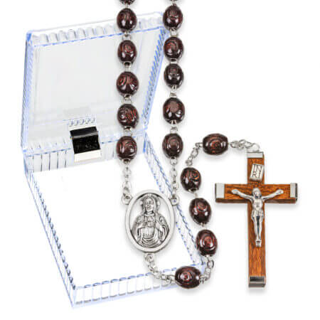 Maroon Carved Wood Beady Rosary in a Plastic Box 20" Quantity of 10