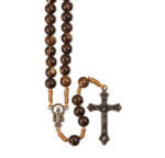 8mm Round Marbleized Brown Wood Bead Rosary on Cord with Wood Crucifix  10 Pieces